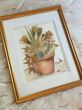 Original Signed Pressed Flower Art - Hand-Arranged Botanical in Terracotta Pot